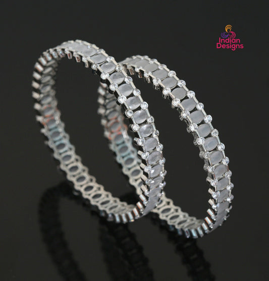 Size 2.8, American Diamond Silver Bangle set| Pair of CZ Diamond Grey Stone AD Bangles| Designer Bangles| Statement Bangles| Gift for her