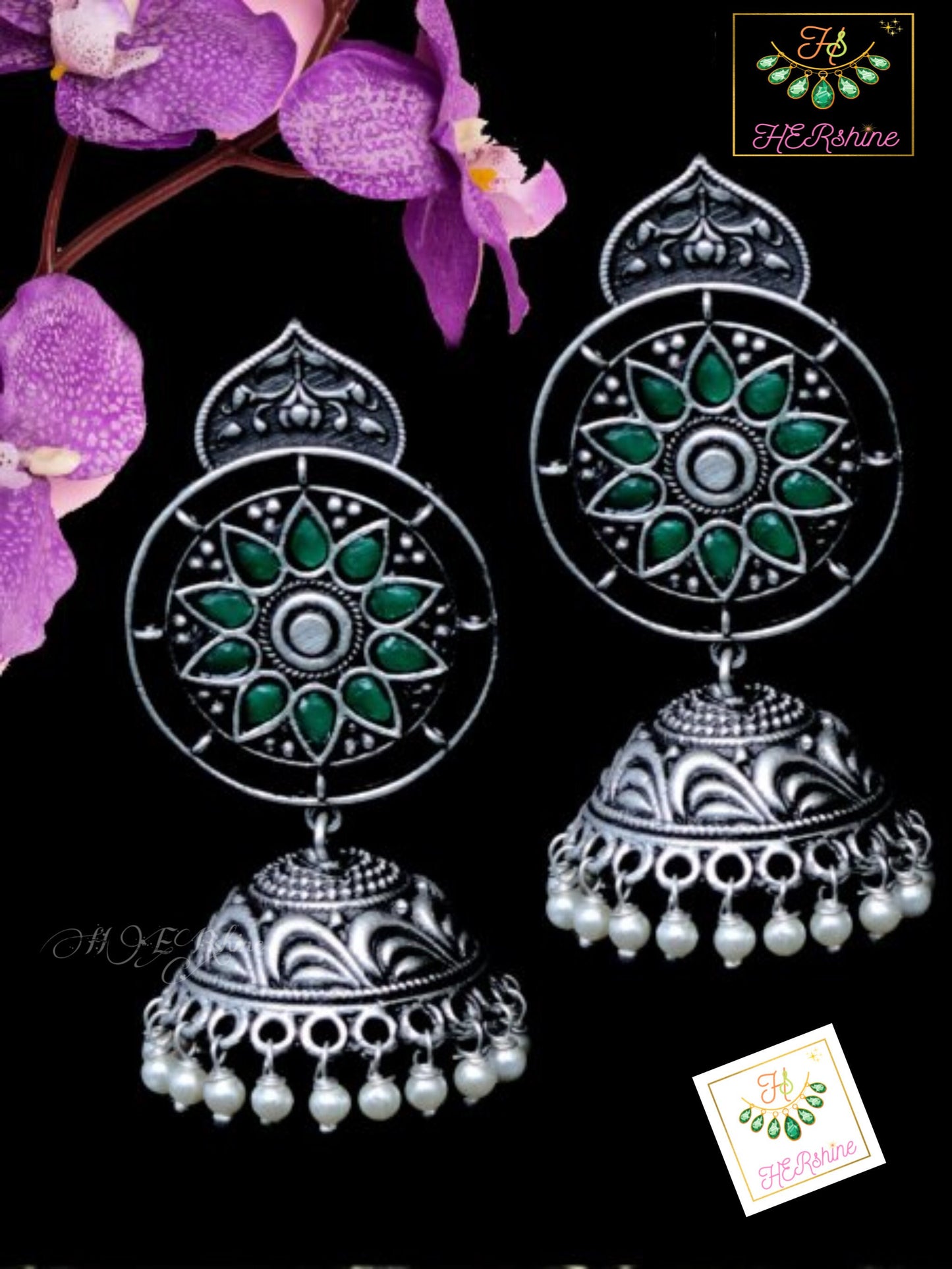 Silver Toned Jhumkas With CZ Stones, Antique Oxidised German Silver Look Alike Earring Jhumki Studded Pink Blue Green Diamond For Party Gift
