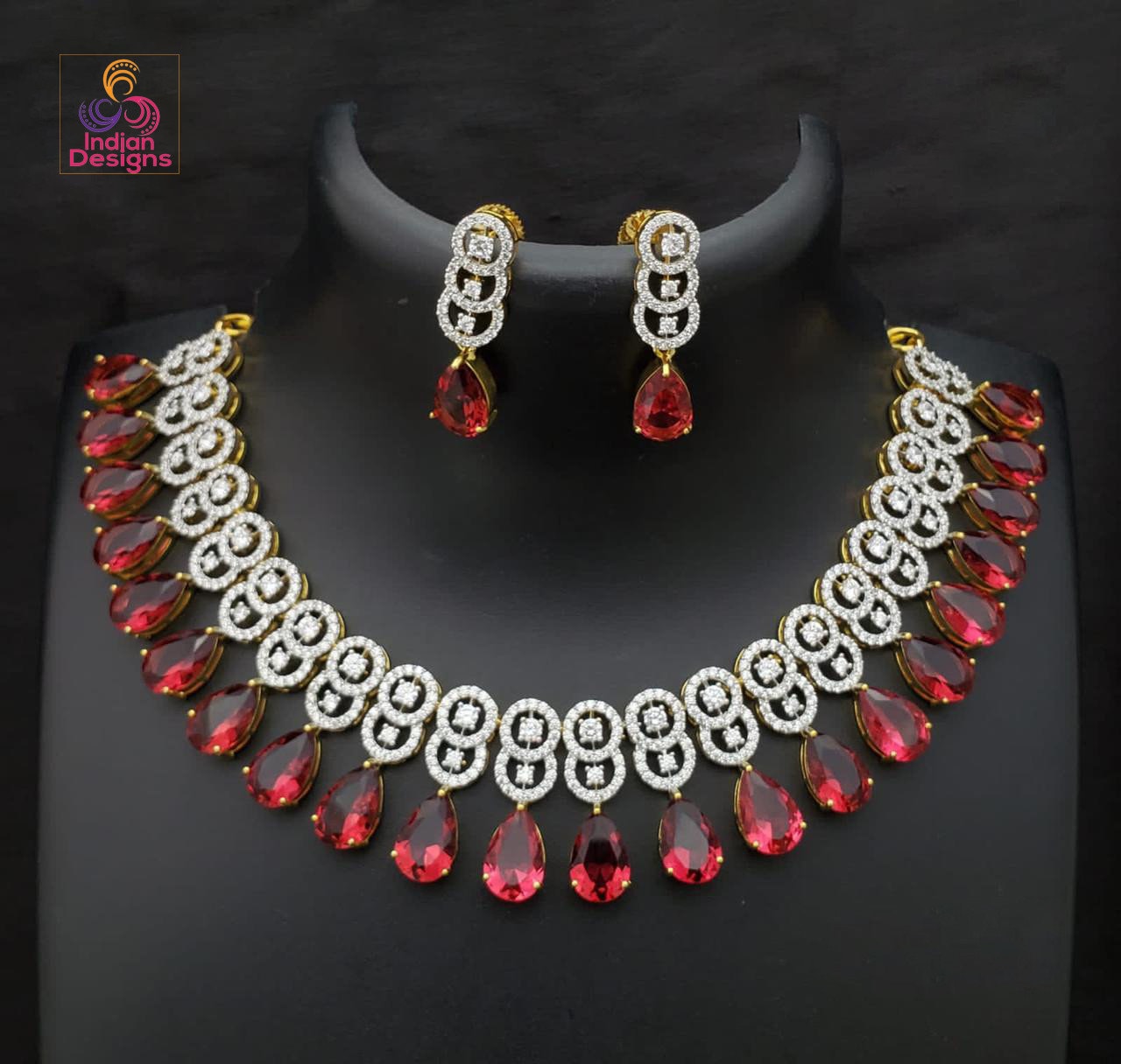 Pear Shape Magenta Stone American Diamond necklace | Indian Designs Gold plated CZ Diamond Choker Jewelry set