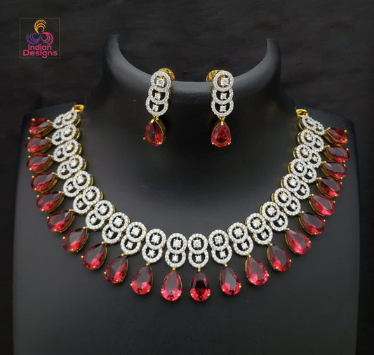 Pear Shape Magenta Stone American Diamond necklace | Indian Designs Gold plated CZ Diamond Choker Jewelry set
