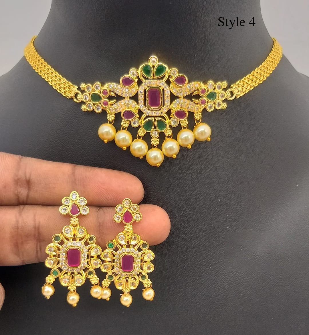 South Indian choker necklace designs | Small gold choker necklace designs with Pearl drops and AD stones | American Diamond Necklace online