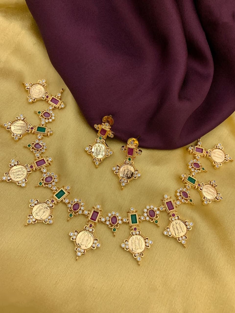 Matte Gold Ram parivar necklace| South Indian Temple jewelry Designs in Gold| Ramparivar coin necklace| Gold plated necklace| Gift for her