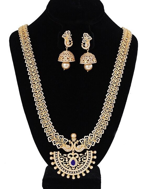 One Gram Gold American Diamond Long Haram Necklace & Jhumka Earrings|Indian Bollywood style Wedding Jewelry|Statement necklace|Gift for her