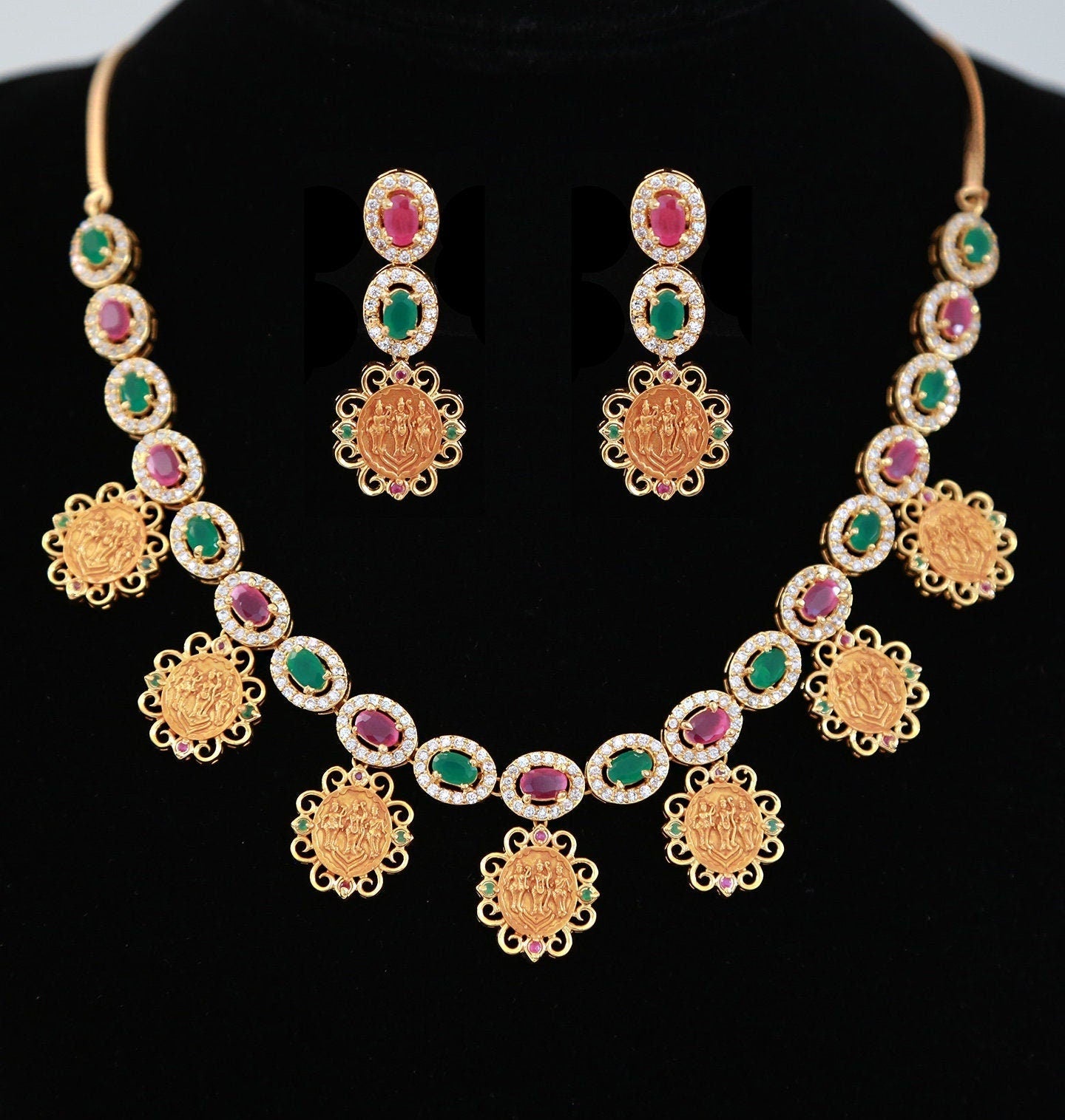 Matte Gold Ram parivar necklace| South Indian Temple jewelry Designs in Gold| Ramparivar coin necklace| Gold plated necklace| Gift for her