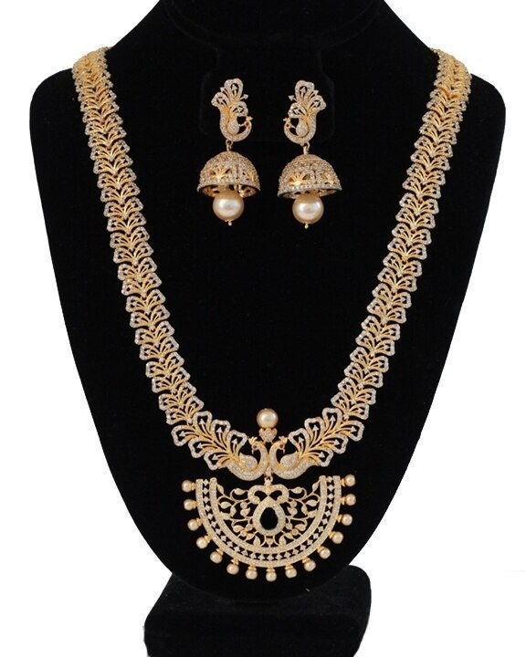 One Gram Gold American Diamond Long Haram Necklace & Jhumka Earrings|Indian Bollywood style Wedding Jewelry|Statement necklace|Gift for her