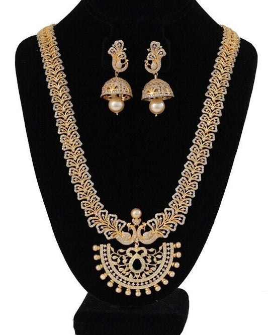 One Gram Gold American Diamond Long Haram Necklace & Jhumka Earrings|Indian Bollywood style Wedding Jewelry|Statement necklace|Gift for her