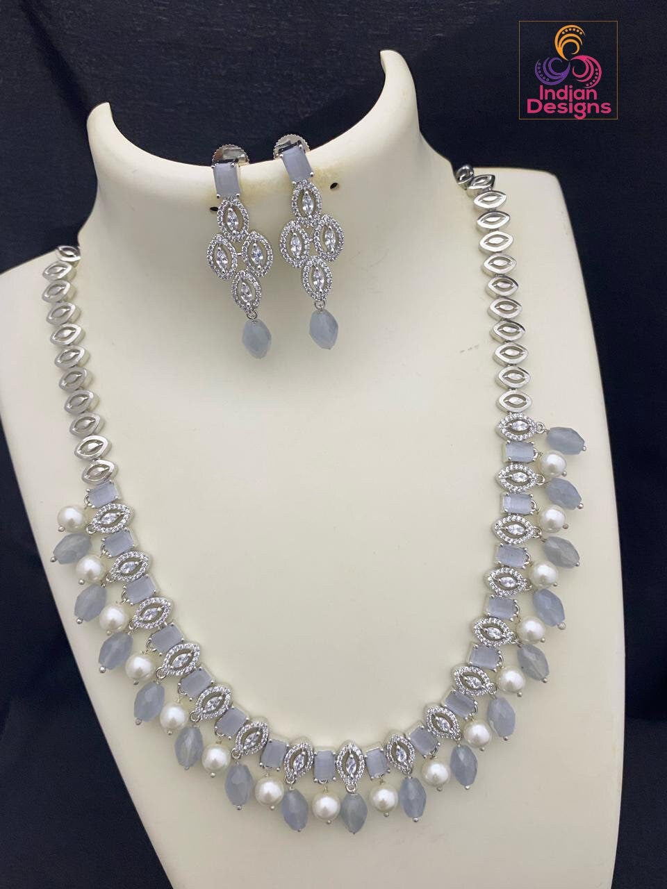 Long American diamond necklace sets Silver Plated