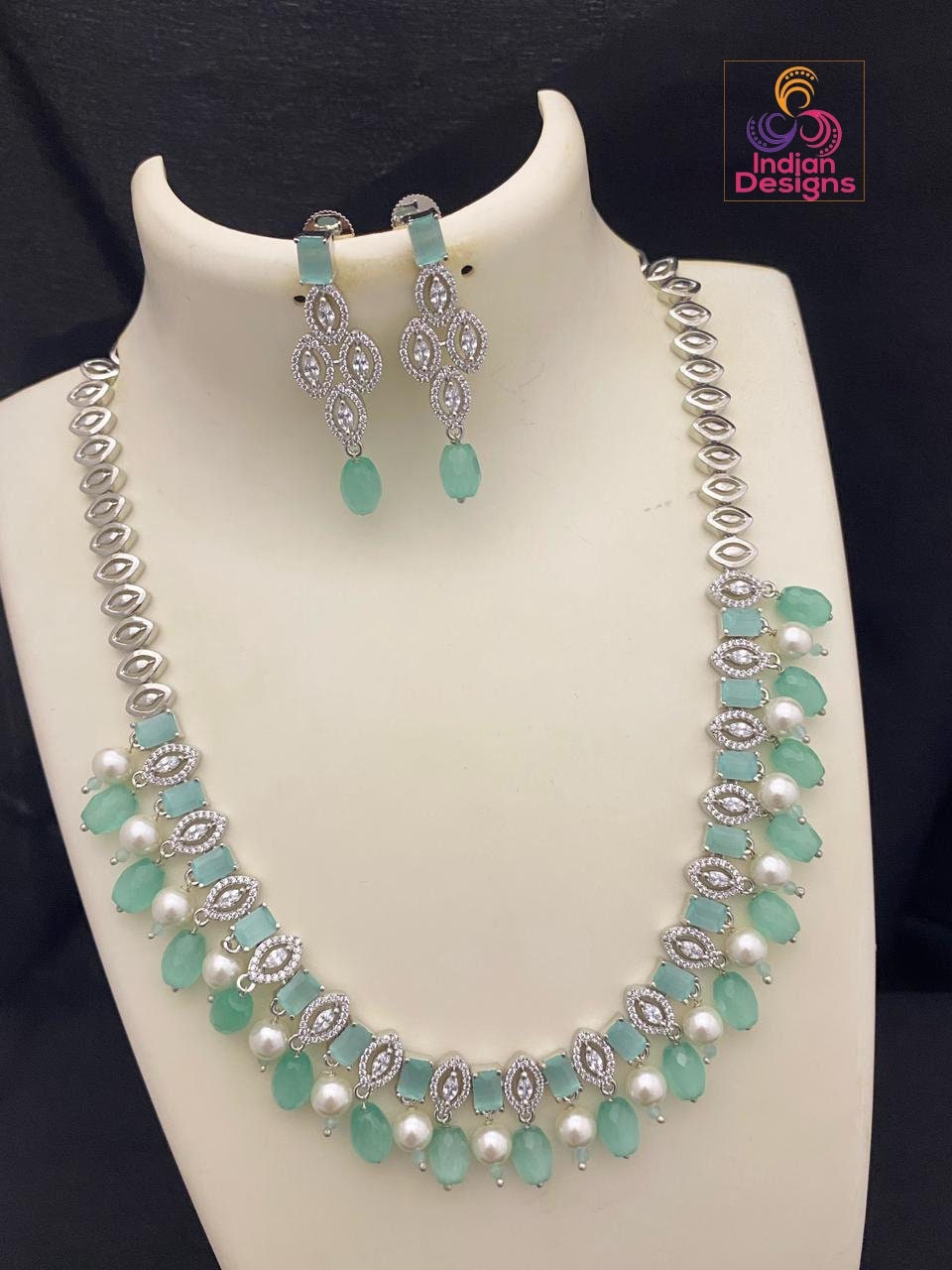 Long American diamond necklace sets Silver Plated