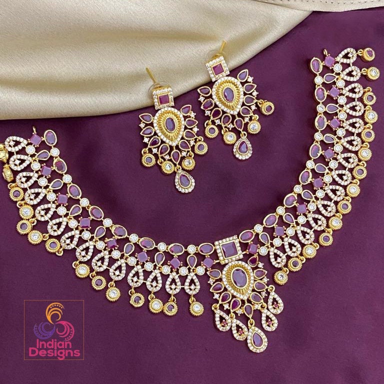 Exclusive South Indian 22K Gold Plated choker necklace designs | Red Green & White real Kemp stone necklace designs | temple bridal jewelry