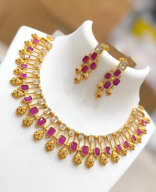Matte Finish AD stone Necklace set | ruby and white stone necklace |South indian wedding jewelry set | Gold plated American Diamond Necklace