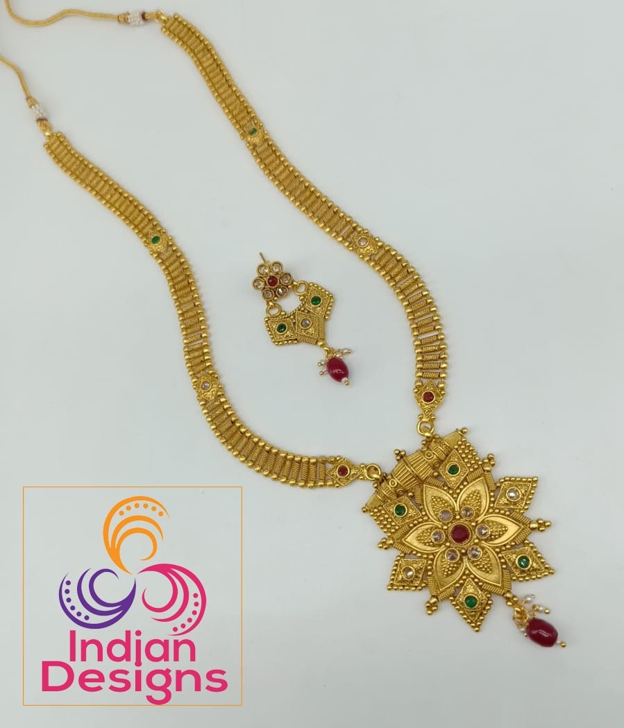 Gold plated long necklace set with best price | Flower pendant necklace in Gold finish | Saree matching jewelry | Ruby Emerald Gold Pendant