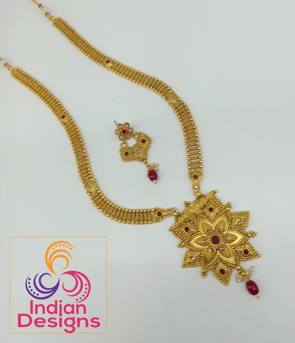 Gold plated long necklace set with best price | Flower pendant necklace in Gold finish | Saree matching jewelry | Ruby Emerald Gold Pendant