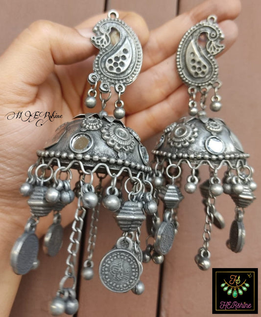 Oxidised German Silver Big Size Jhumkas, Antique Light Weight Tribal - Boho Hippie Dangler Earring jewelry With Gungroo And Charms For Her