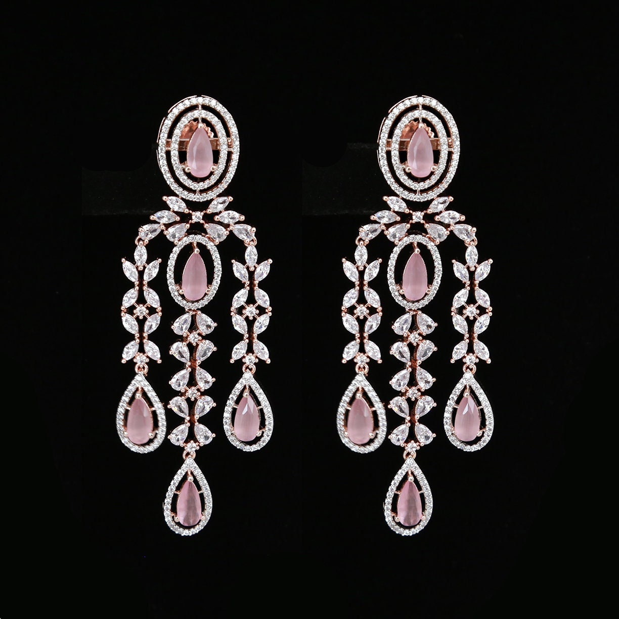 American diamond Rose-Gold chandelier earrings | Triple strand drop earrings | bridal earrings for Indian wedding | earrings for bridesmaid