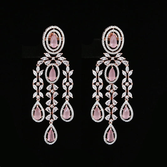 American diamond Rose-Gold chandelier earrings | Triple strand drop earrings | bridal earrings for Indian wedding | earrings for bridesmaid