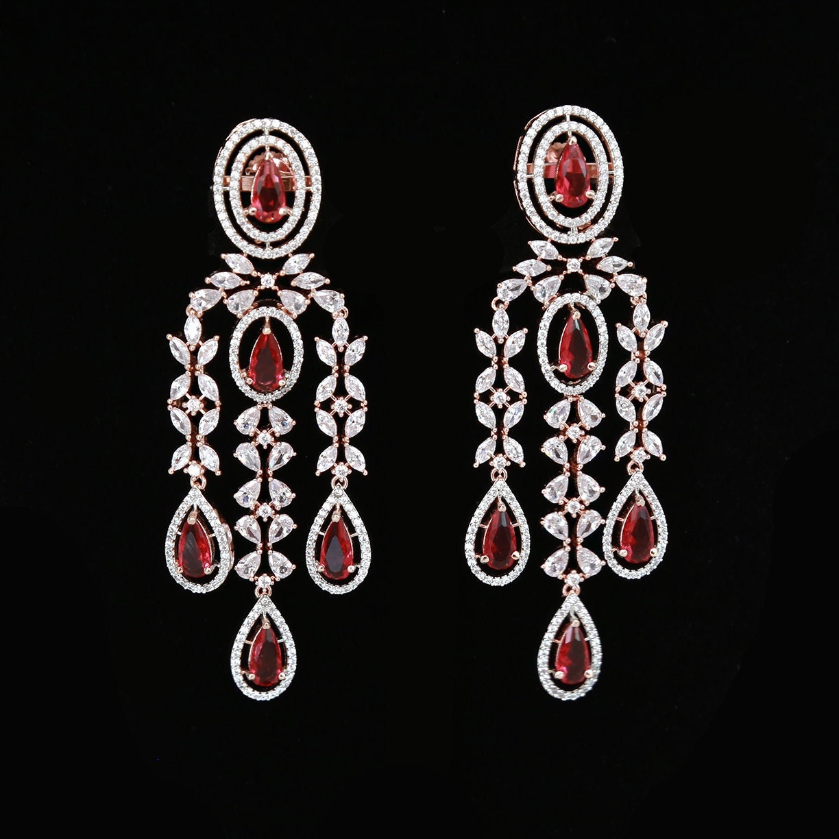 American diamond Rose-Gold chandelier earrings | Triple strand drop earrings | bridal earrings for Indian wedding | earrings for bridesmaid