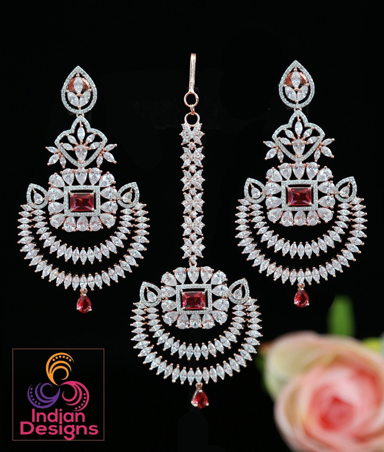 Chandbali crystal earrings tikka set Rose gold - Cz Color Stones | Punjabi earrings with maang tikka for wedding | Indian Designs collection