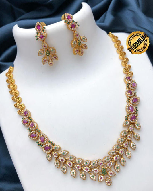 Gold Plated Indian Jewelry necklace Matte finish| Floral & Leaf Design AD Necklace| American Diamond Jewelry set| Ruby Green CZ necklace set