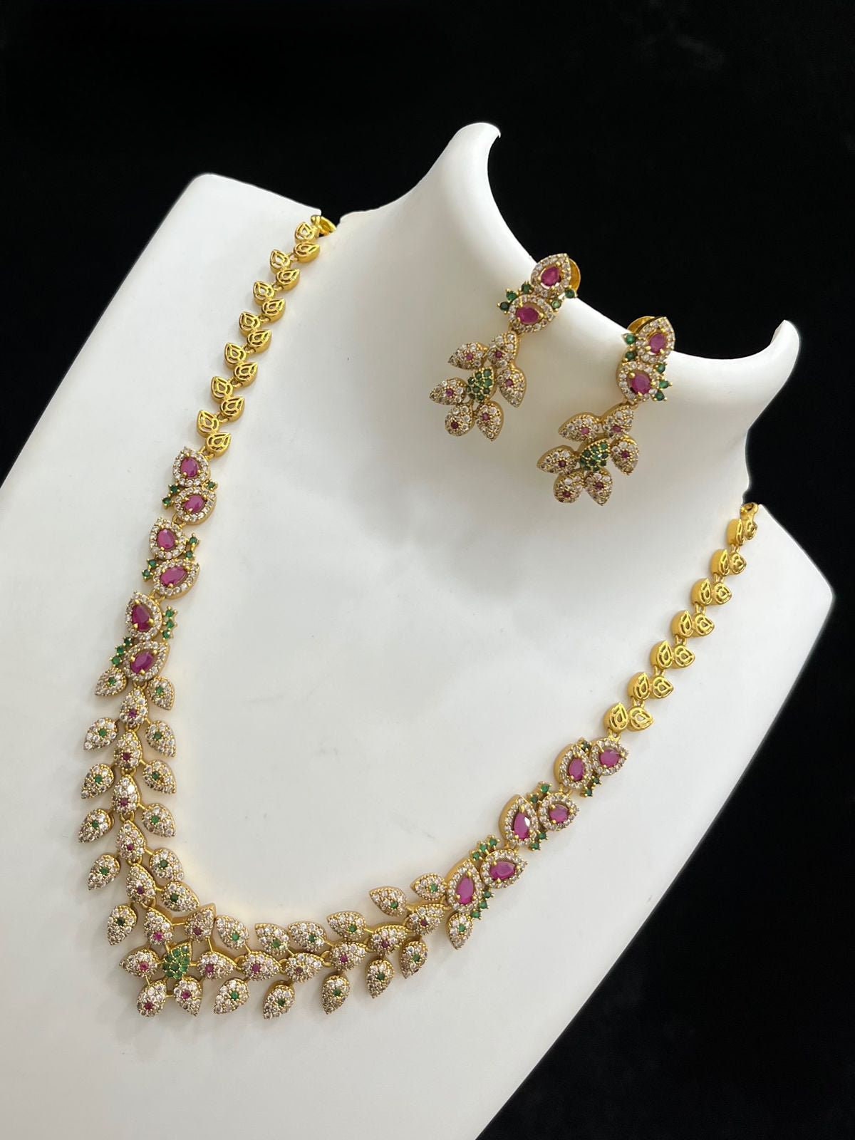 Gold Plated Indian Jewelry necklace Matte finish| Floral & Leaf Design AD Necklace| American Diamond Jewelry set| Ruby Green CZ necklace set