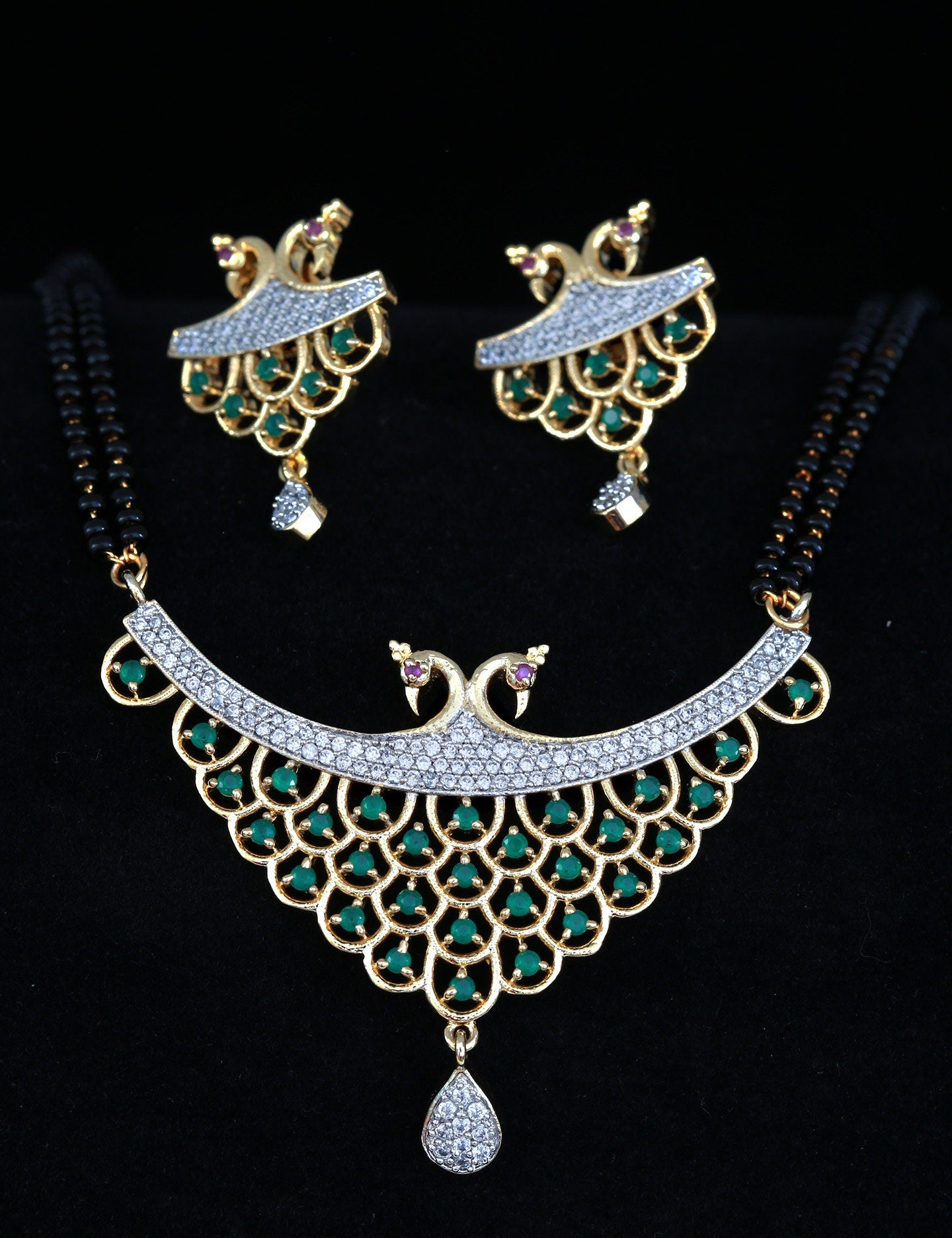 Mangalsutra Necklace Gold designs | American diamond mangalsutra Long Necklace with earrings | Ruby and Cubic Zirconia diamond Mangalsutra