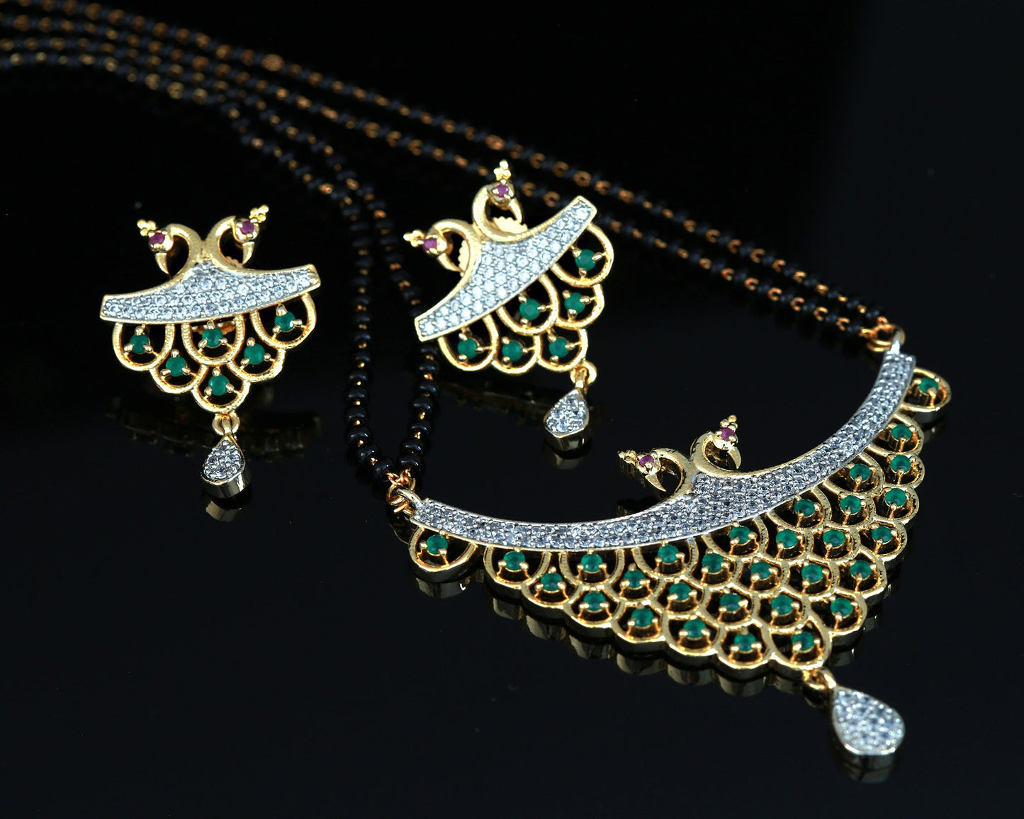 Mangalsutra Necklace Gold designs | American diamond mangalsutra Long Necklace with earrings | Ruby and Cubic Zirconia diamond Mangalsutra