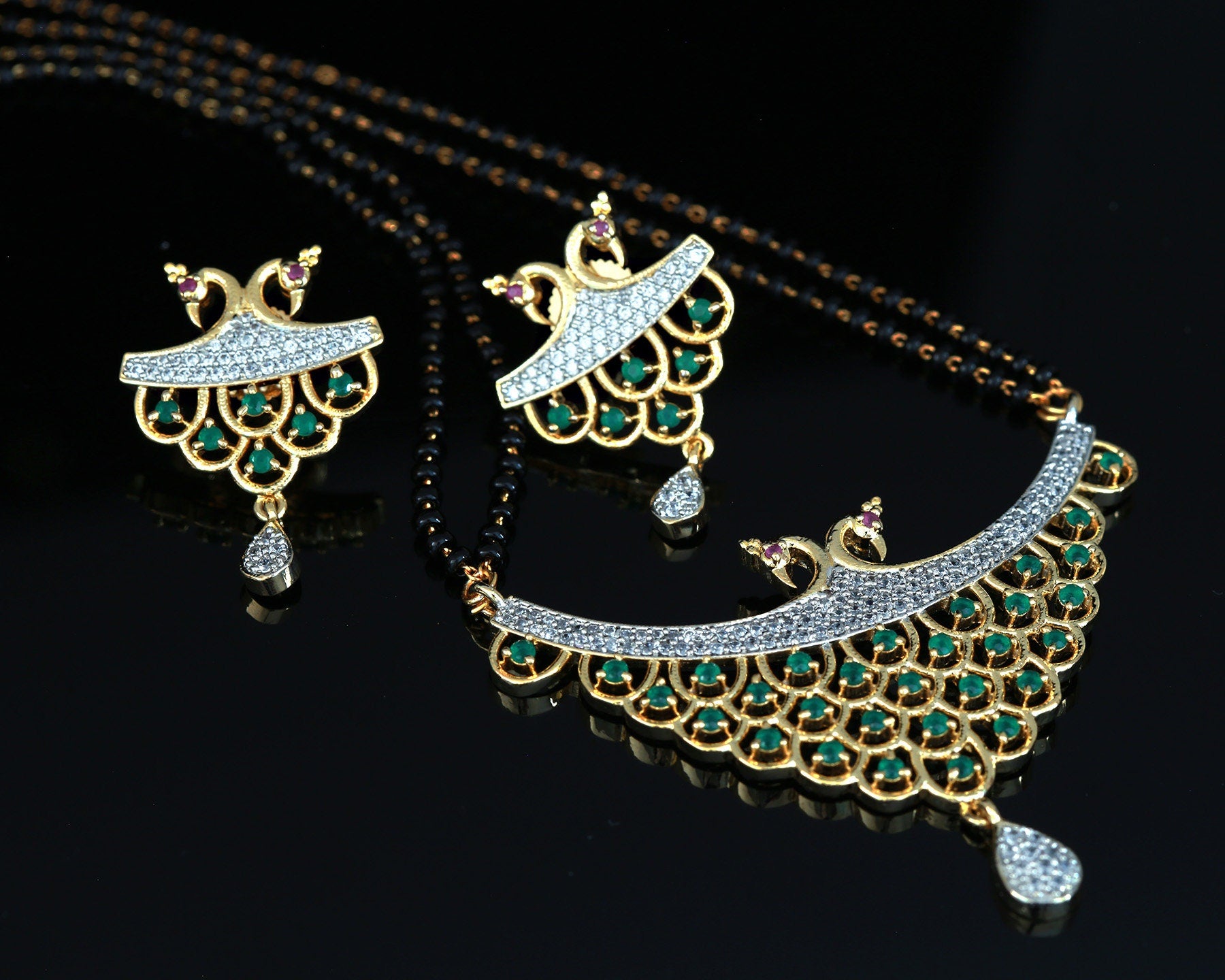 Mangalsutra Necklace Gold designs | American diamond mangalsutra Long Necklace with earrings | Ruby and Cubic Zirconia diamond Mangalsutra