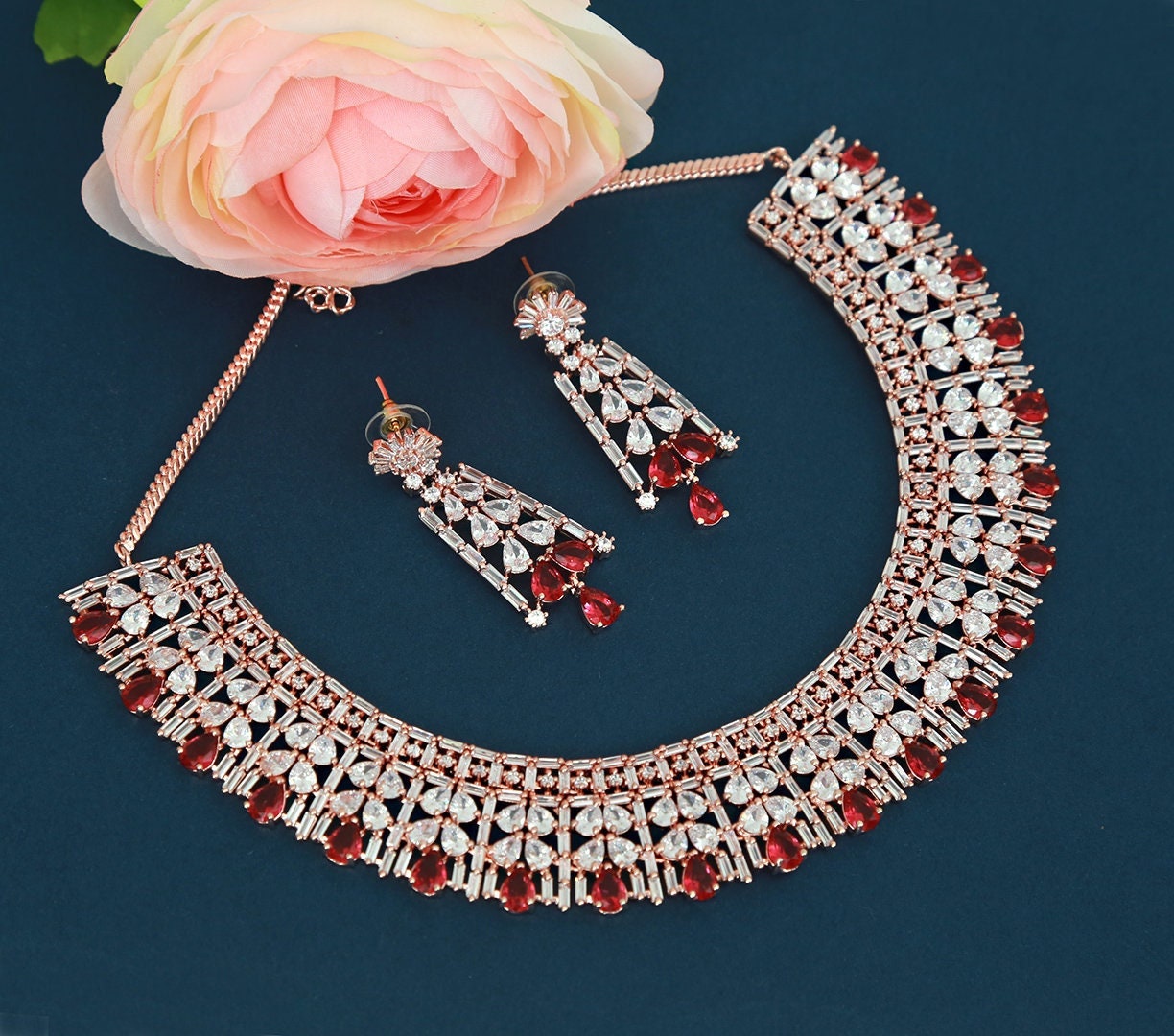 Rose gold American diamond set | Crystal Ruby Red statement necklace | Indian wedding jewelry set | Trendy south Indian jewelry design |