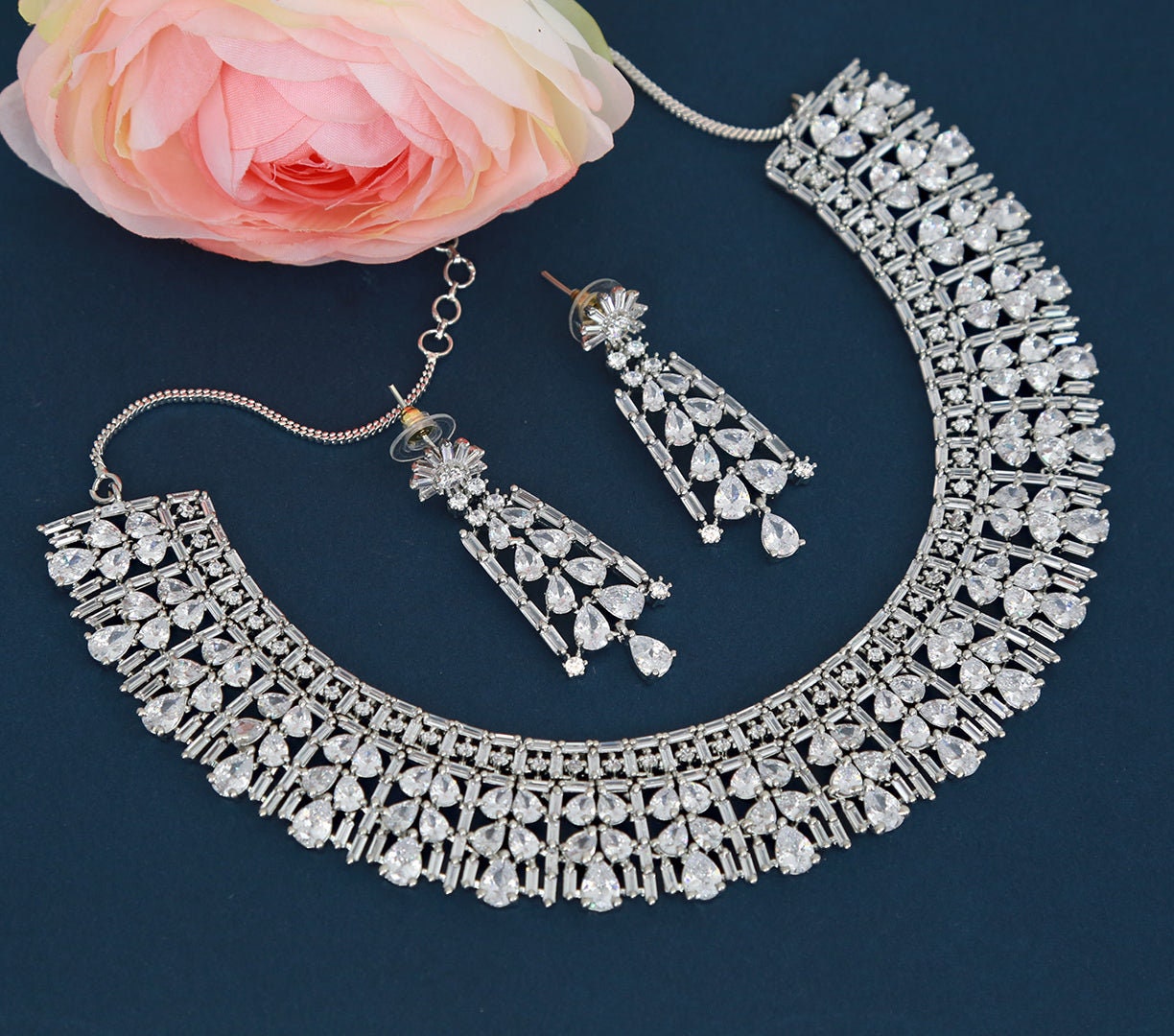 Rose gold American diamond set | Crystal Ruby Red statement necklace | Indian wedding jewelry set | Trendy south Indian jewelry design |