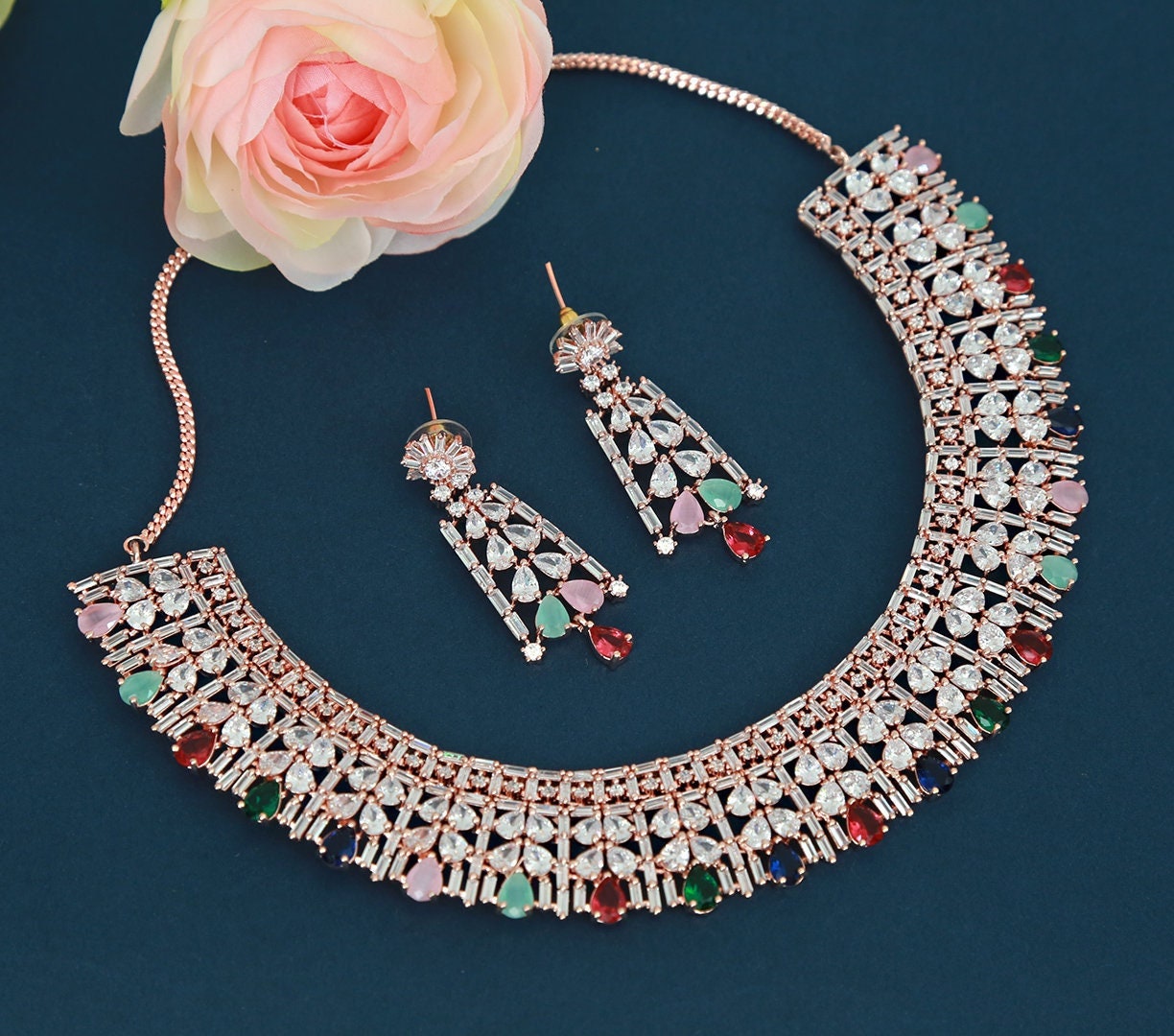 Rose gold American diamond set | Crystal Ruby Red statement necklace | Indian wedding jewelry set | Trendy south Indian jewelry design |