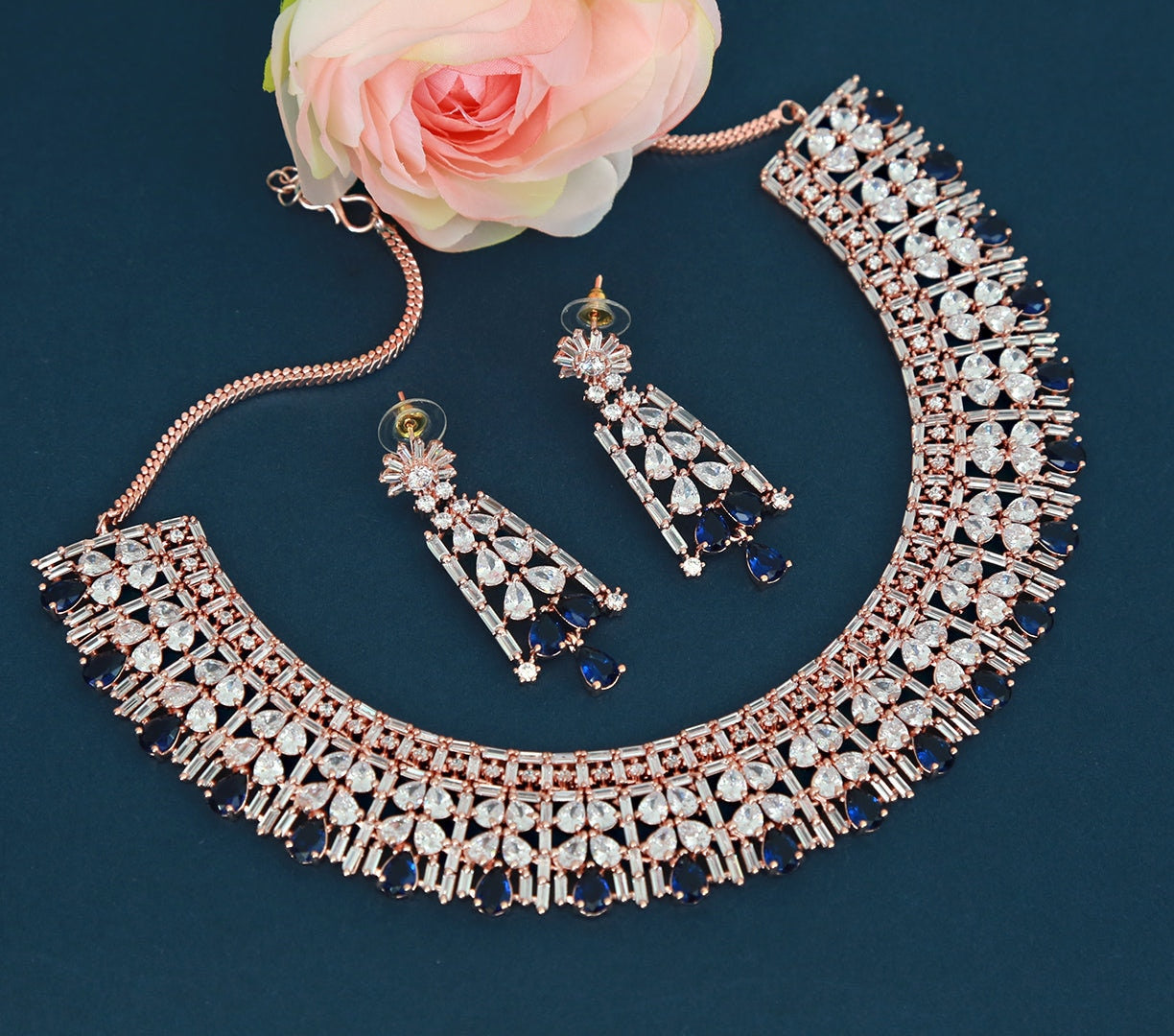 Rose gold American diamond set | Crystal Ruby Red statement necklace | Indian wedding jewelry set | Trendy south Indian jewelry design |