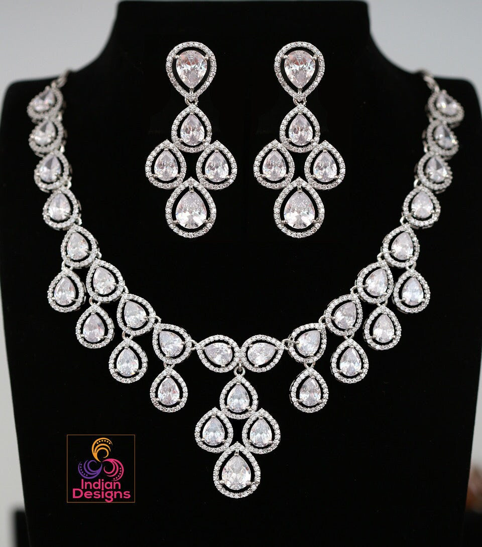 IndianDesigns CZ Stone Silver American Diamond Necklace Earrings| cz jewellery bridal set| Light blue necklace and earring set| Wedding jewelry