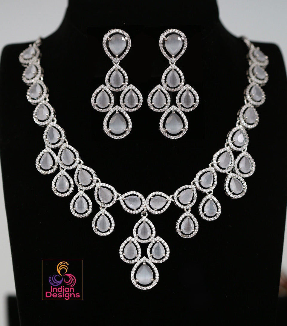 IndianDesigns CZ Stone Silver American Diamond Necklace Earrings| cz jewellery bridal set| Light blue necklace and earring set| Wedding jewelry