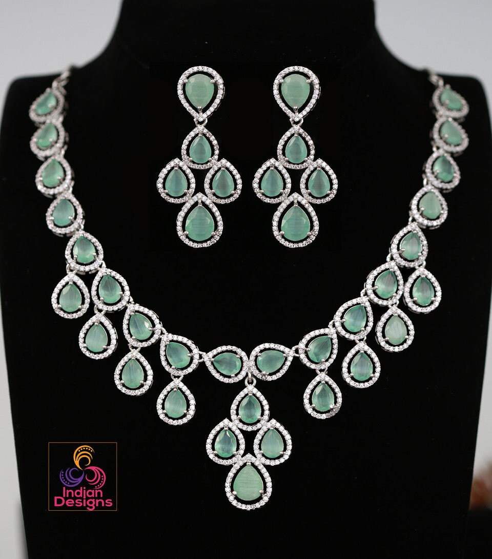 IndianDesigns CZ Stone Silver American Diamond Necklace Earrings| cz jewellery bridal set| Light blue necklace and earring set| Wedding jewelry