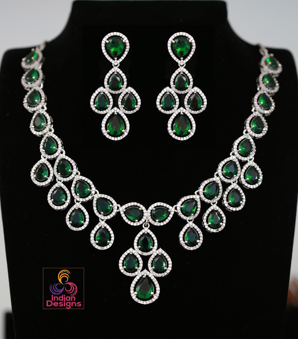 IndianDesigns CZ Stone Silver American Diamond Necklace Earrings| cz jewellery bridal set| Light blue necklace and earring set| Wedding jewelry