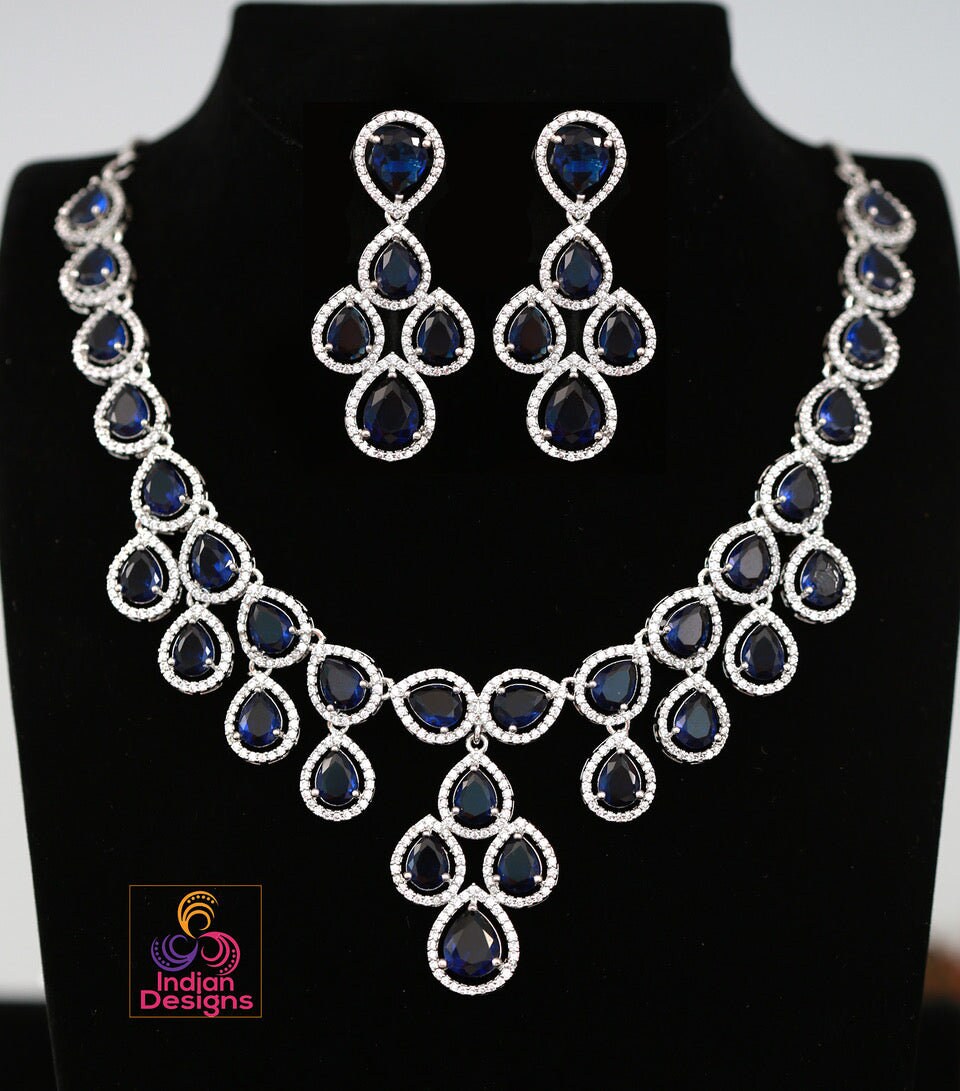 IndianDesigns CZ Stone Silver American Diamond Necklace Earrings| cz jewellery bridal set| Light blue necklace and earring set| Wedding jewelry