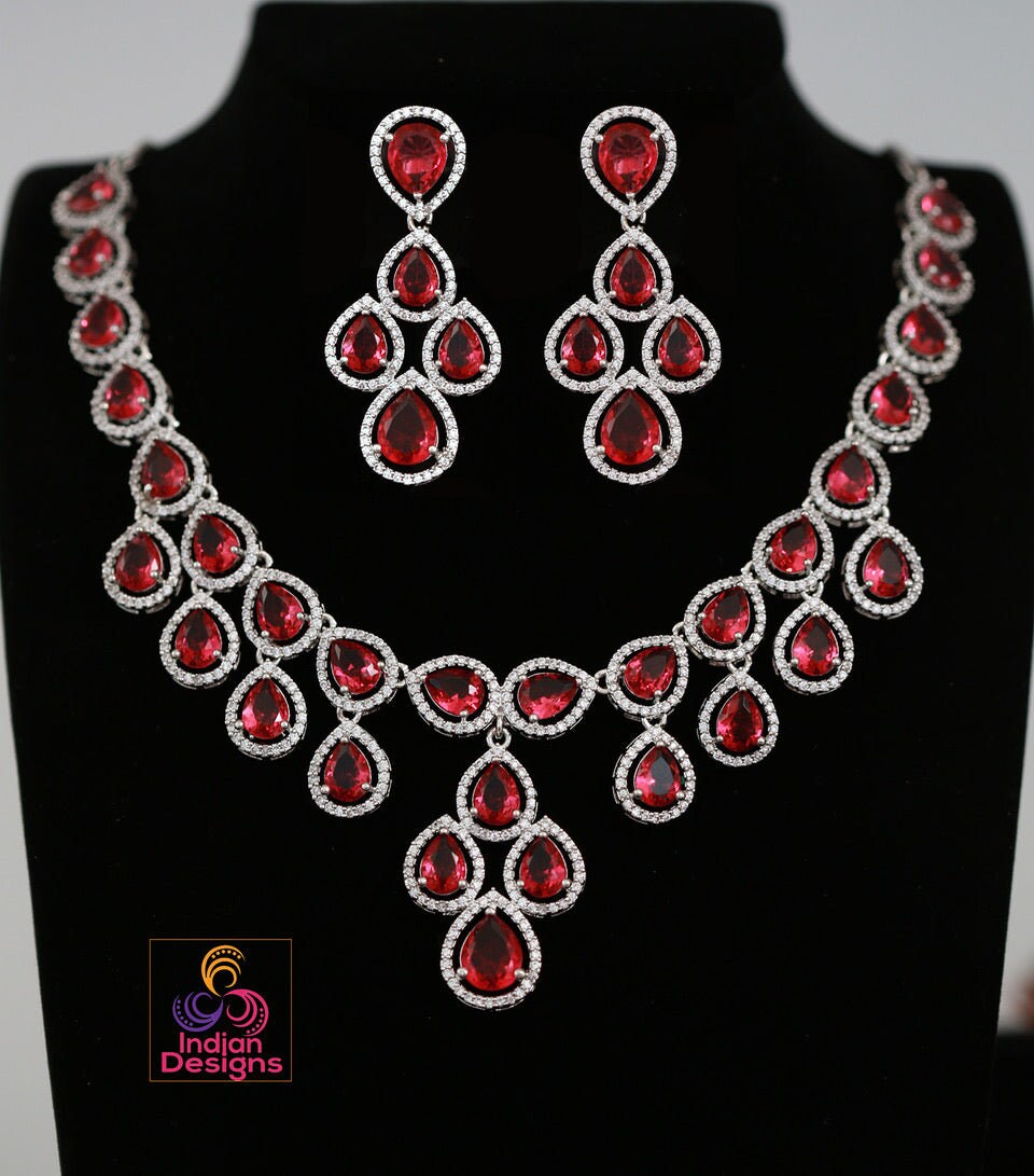 IndianDesigns CZ Stone Silver American Diamond Necklace Earrings| cz jewellery bridal set| Light blue necklace and earring set| Wedding jewelry