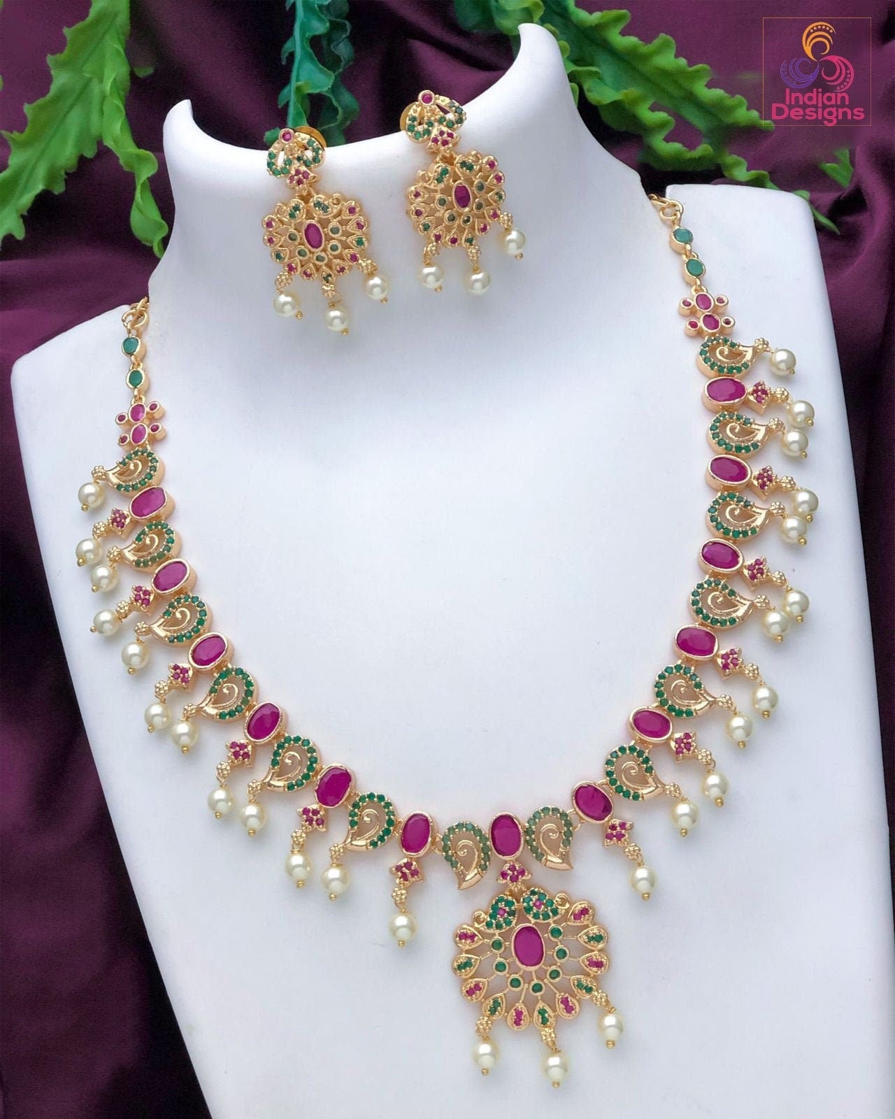 Gold plated Indian necklace set jewelry | Fine Polish 1 gram gold ruby emerald pearl necklace Earring set | Gift for Her | Wedding Jewelry