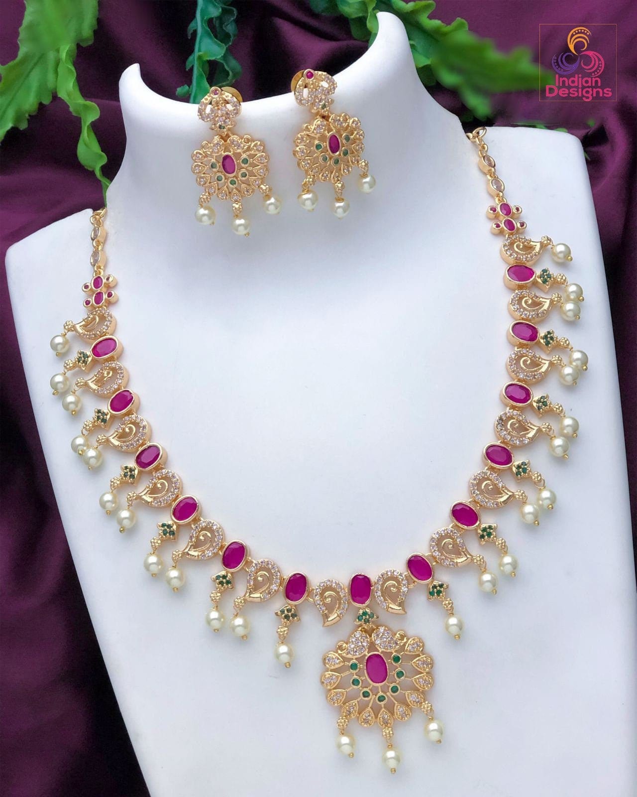 Gold plated Indian necklace set jewelry | Fine Polish 1 gram gold ruby emerald pearl necklace Earring set | Gift for Her | Wedding Jewelry