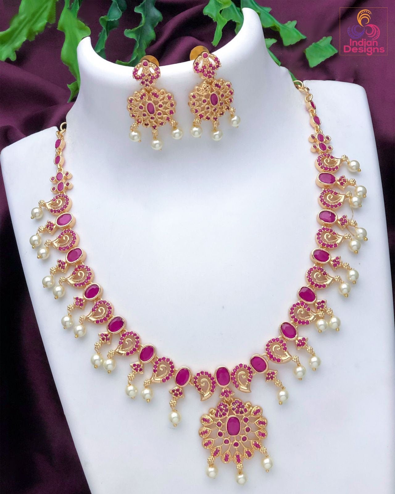 Gold plated Indian necklace set jewelry | Fine Polish 1 gram gold ruby emerald pearl necklace Earring set | Gift for Her | Wedding Jewelry