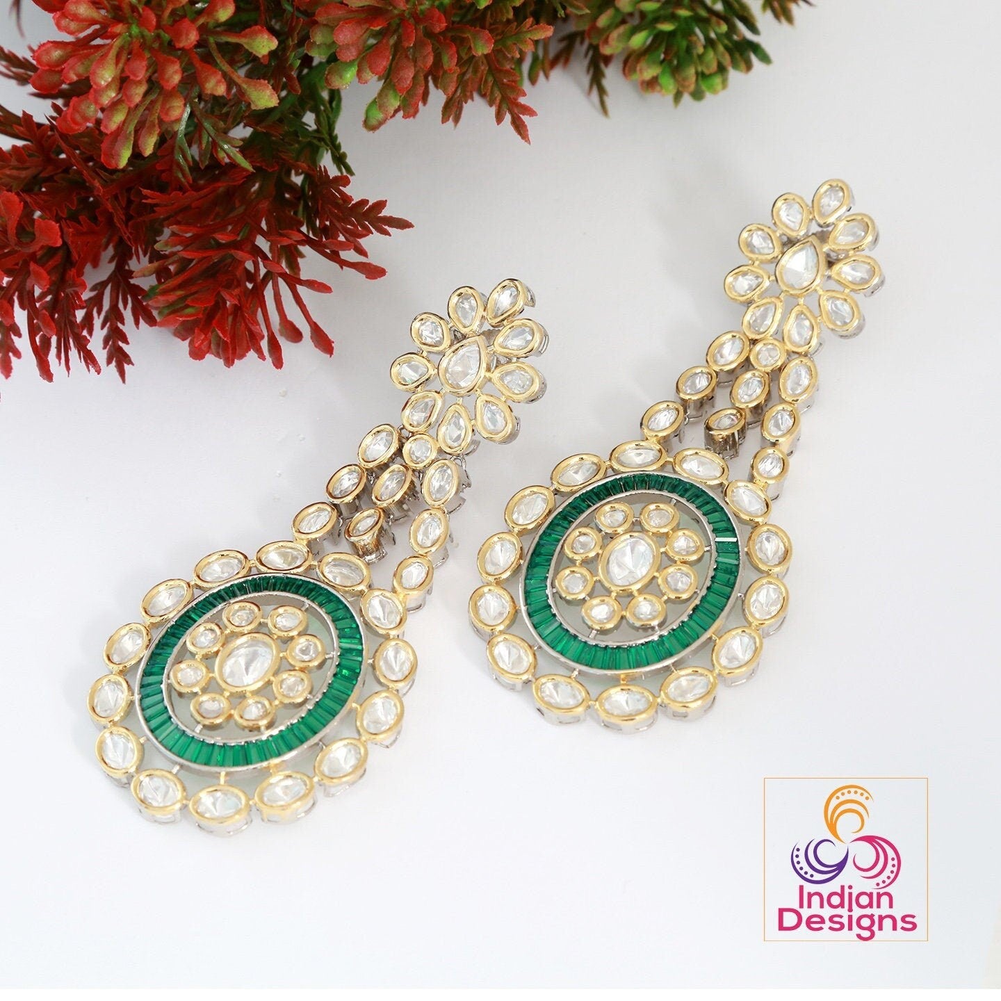 Indian Kundan Earrings Jewelry | Punjabi Kundan Earrings | Gold tone American Diamond Heavy Earrings | Indian Wedding Jewelry Earrings