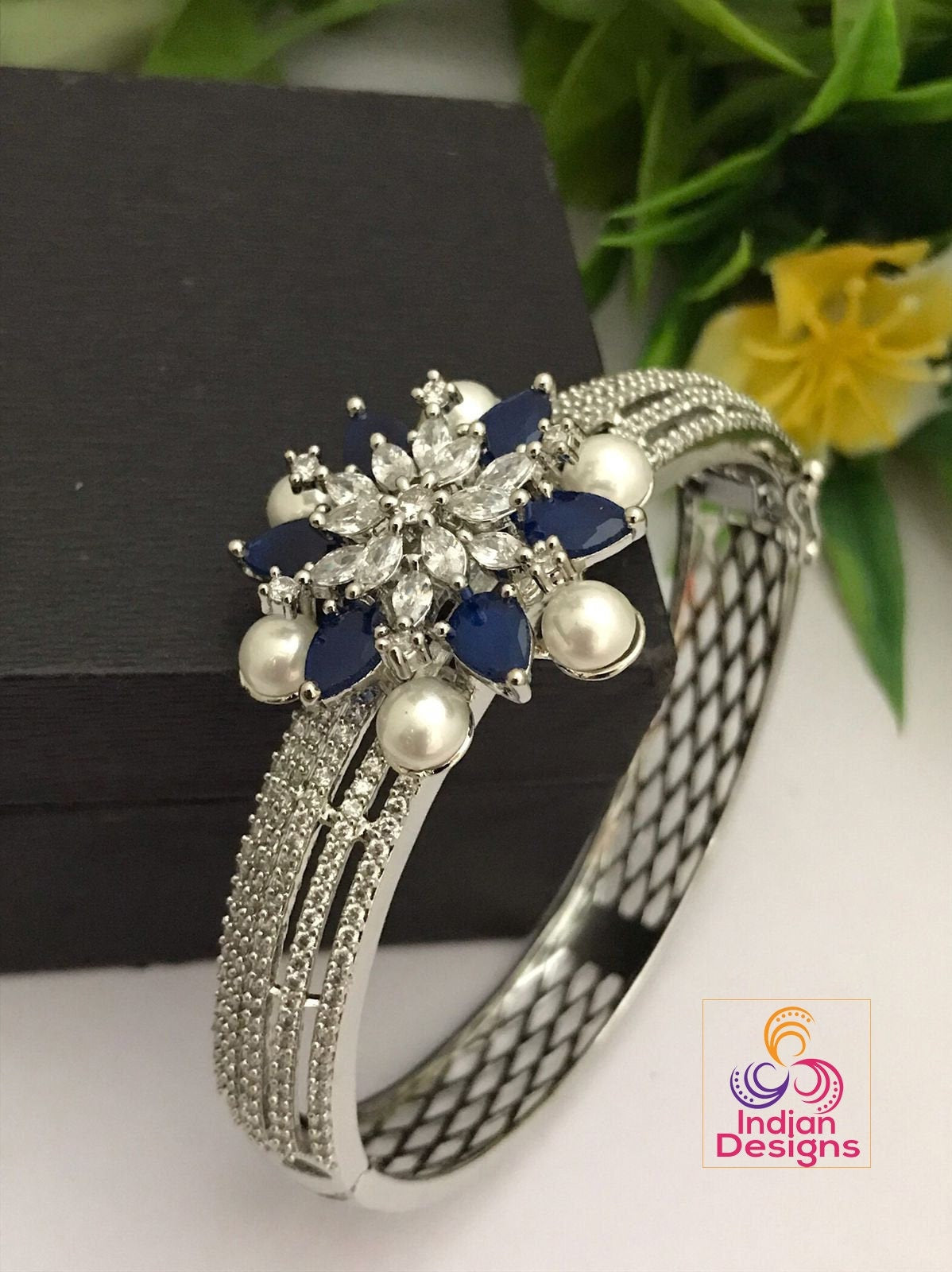 American diamond kada bangle bracelet | CZ stone bangles Silver | Hand Crafted Openable bangles | AD pearls Kada bangle with Floral Design