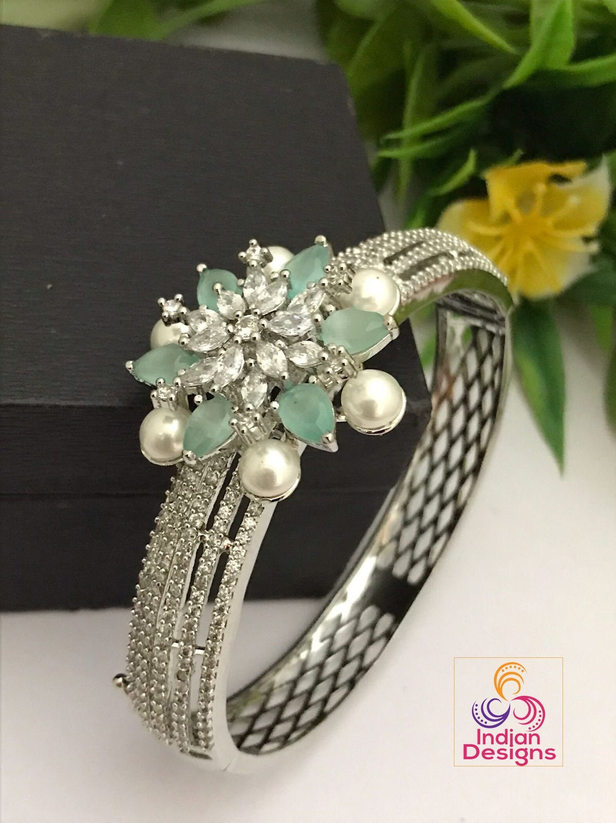 American diamond kada bangle bracelet | CZ stone bangles Silver | Hand Crafted Openable bangles | AD pearls Kada bangle with Floral Design