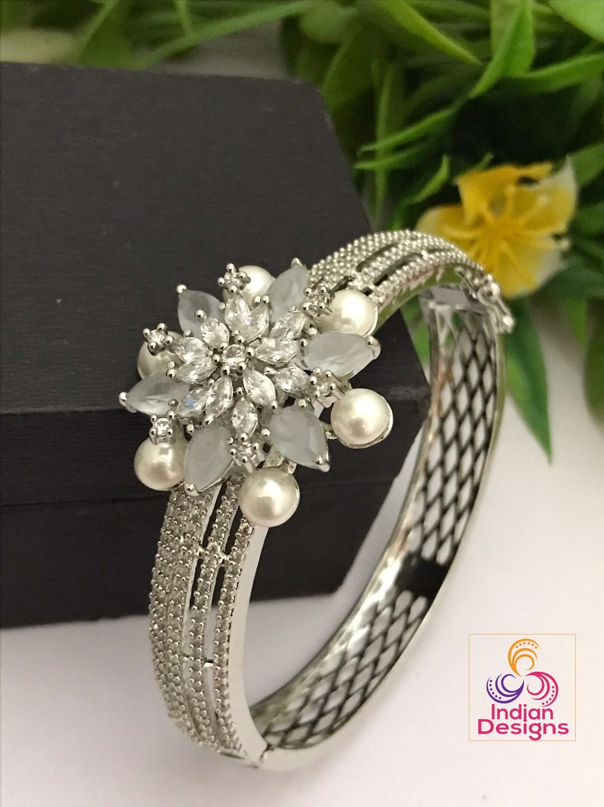 American diamond kada bangle bracelet | CZ stone bangles Silver | Hand Crafted Openable bangles | AD pearls Kada bangle with Floral Design