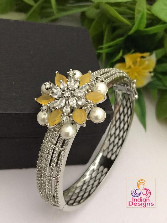 American diamond kada bangle bracelet | CZ stone bangles Silver | Hand Crafted Openable bangles | AD pearls Kada bangle with Floral Design