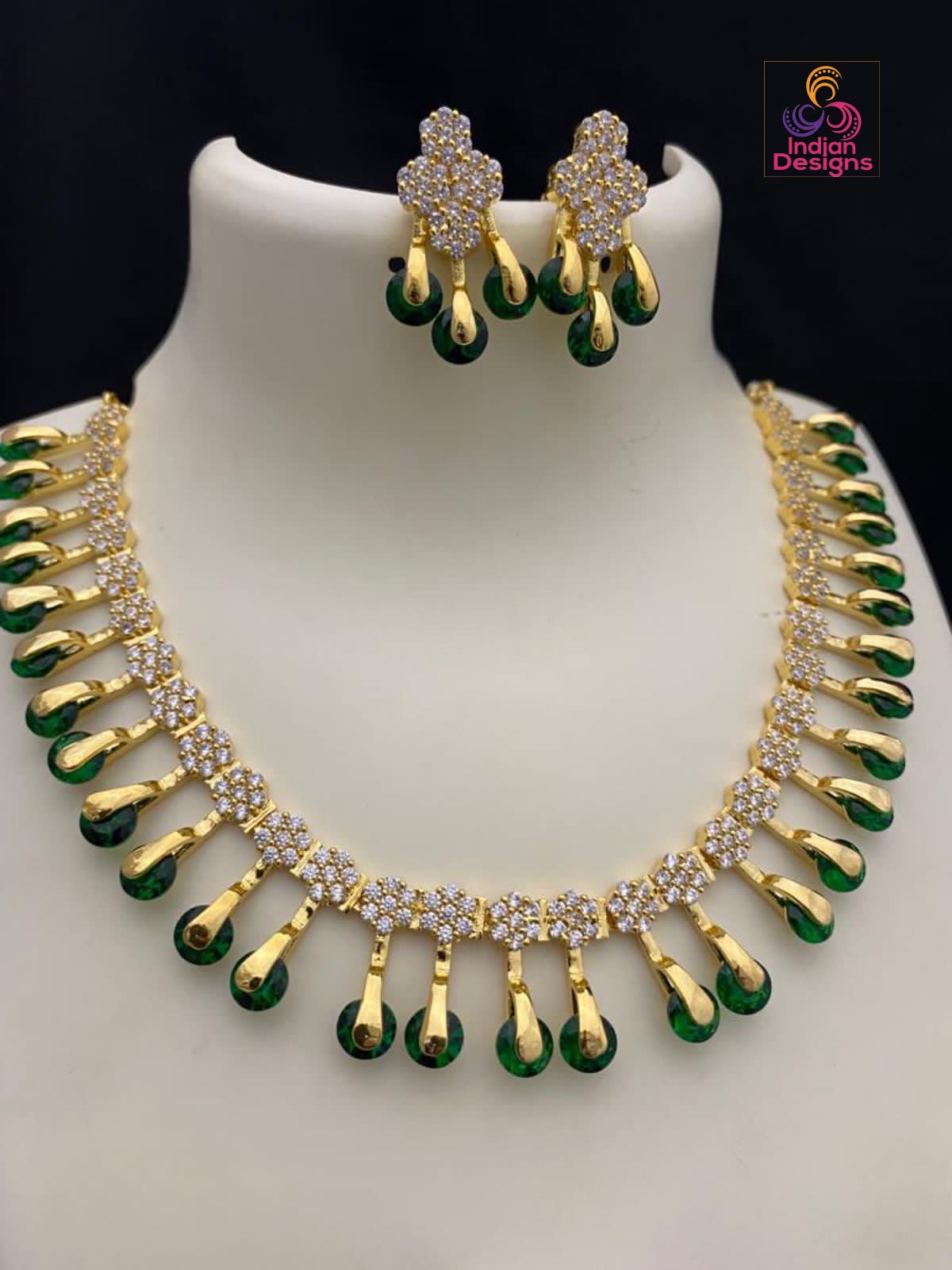 Unique and Exclusive CZ American Diamond necklace Earring set | Gold-plated American diamond necklace set with earrings |