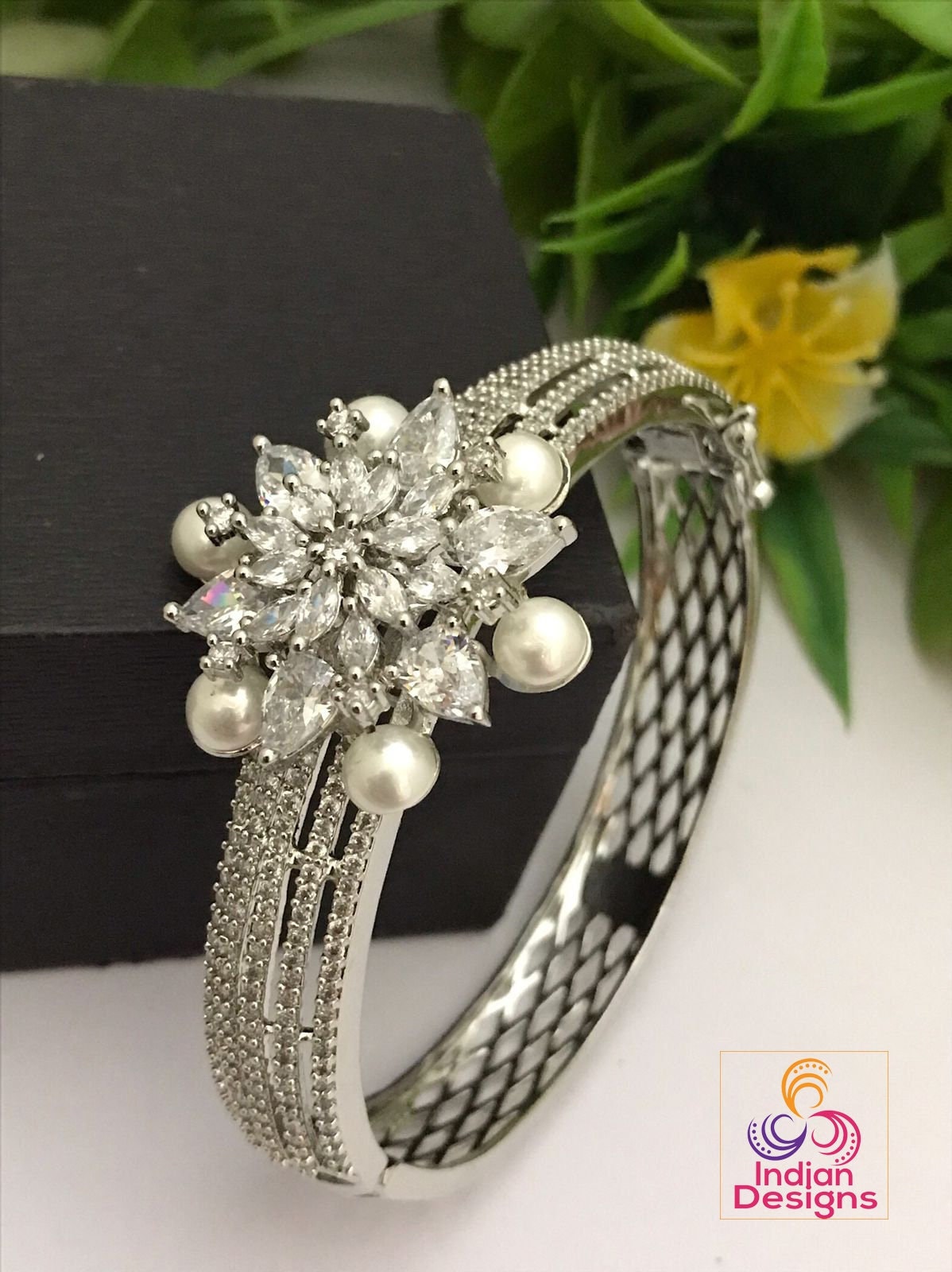 American diamond kada bangle bracelet | CZ stone bangles Silver | Hand Crafted Openable bangles | AD pearls Kada bangle with Floral Design