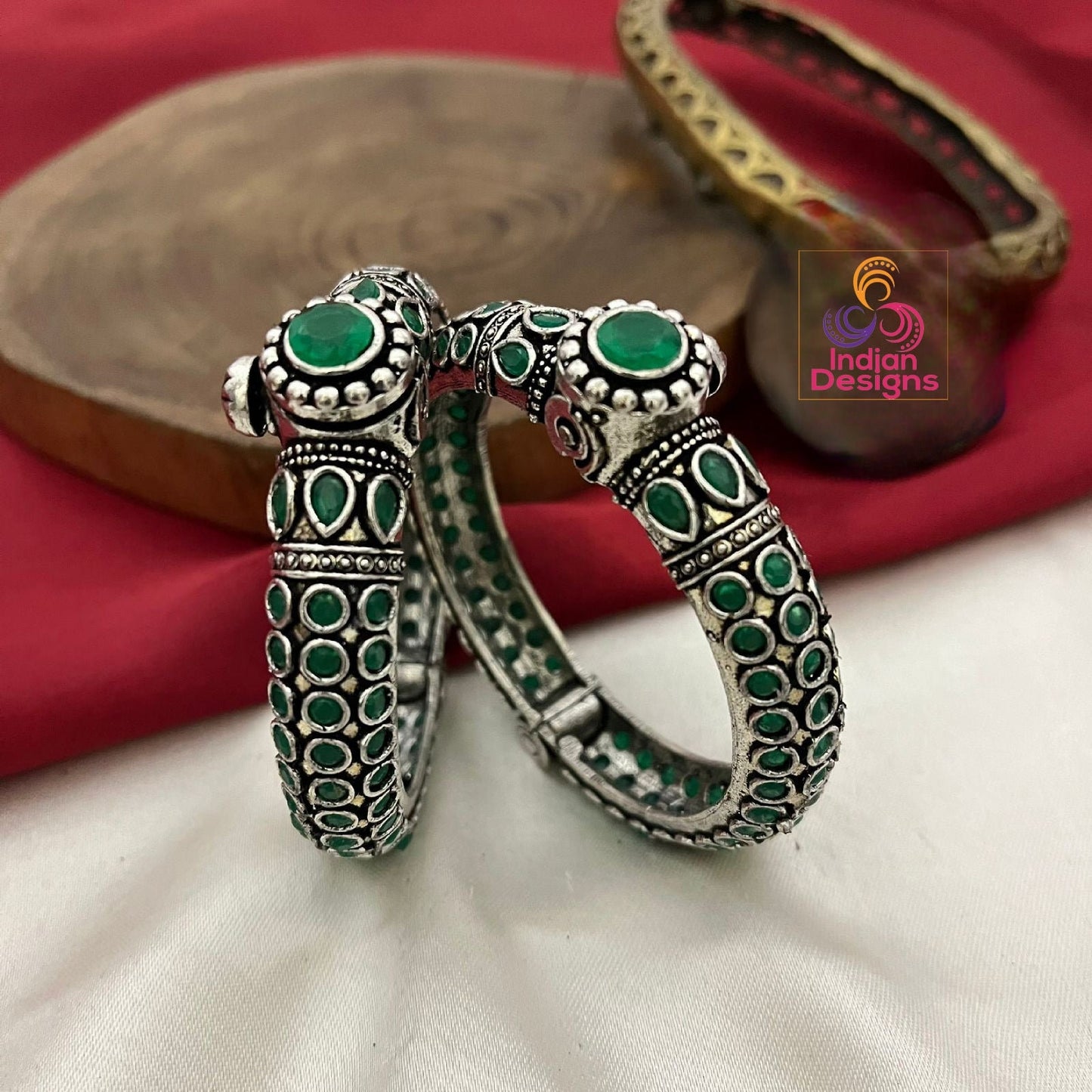 Pair of Oxidized Silver Openable Kada-Bracelet | Antique style Multicolor Stone German Silver bangles | Indian Tribal Jewelry | Gift for her