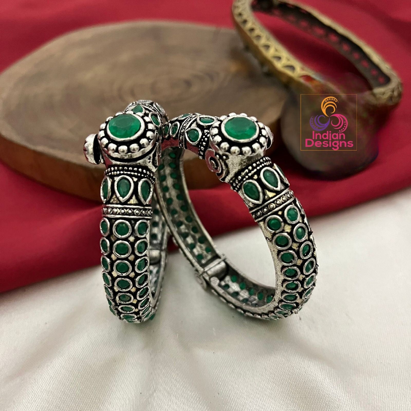 Pair of Oxidized Silver Openable Kada-Bracelet | Antique style Multicolor Stone German Silver bangles | Indian Tribal Jewelry | Gift for her