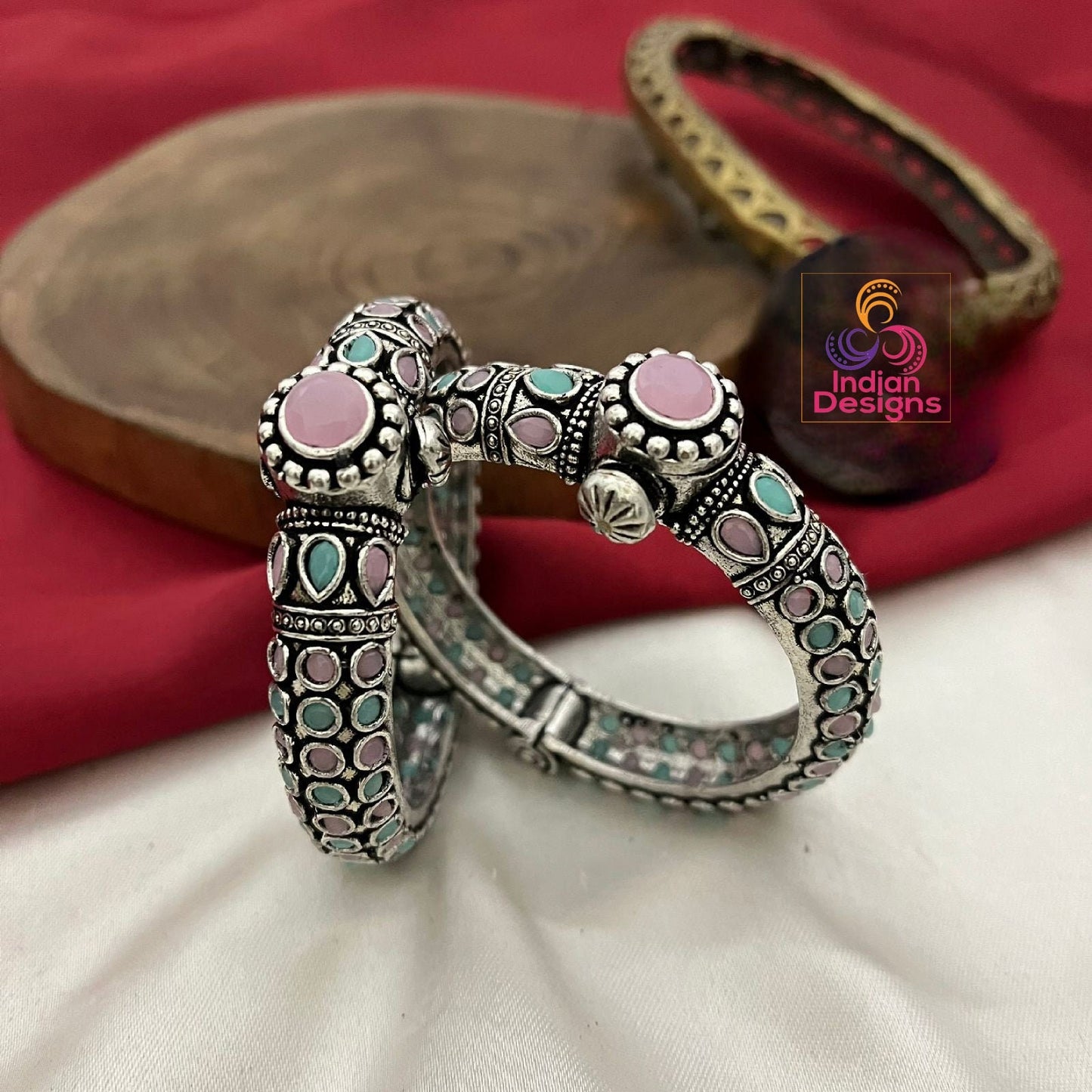 Pair of Oxidized Silver Openable Kada-Bracelet | Antique style Multicolor Stone German Silver bangles | Indian Tribal Jewelry | Gift for her
