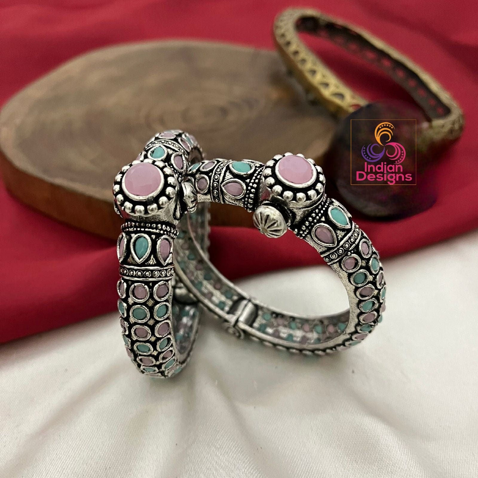 Pair of Oxidized Silver Openable Kada-Bracelet | Antique style Multicolor Stone German Silver bangles | Indian Tribal Jewelry | Gift for her